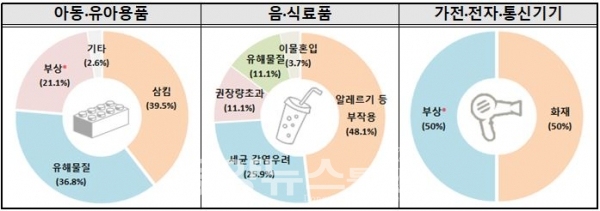 주요 품목별 리콜사유(한국소비자원 제공)