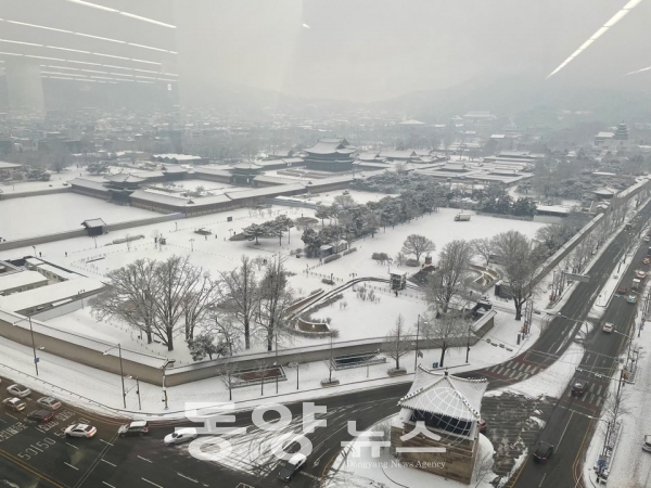 [동양뉴스] 우연주 기자 = 12일 오후부터 서울과 경기 남부 등 수도권 지역에 내리기 시작한 눈이 1시간만에 최고 5㎝를 기록 중이다. 많은 눈이 쏟아지고 있는 가운데 경복궁 일대가 하얀 눈으로 뒤덮혔다. (사진=우연주 기자)