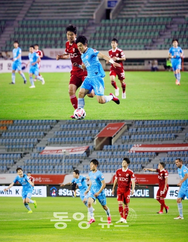지난달 17일 열린 부산과의 경기에 출전한 대구FC 김대현(위)과 이진현 선수.(사진= 대구FC 제공)