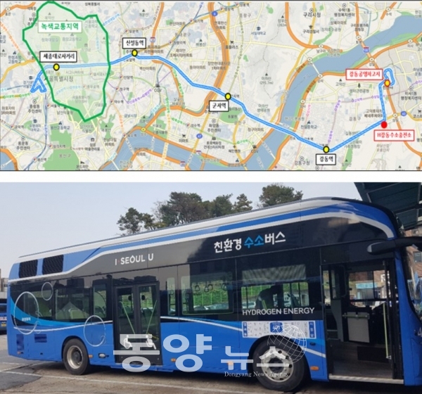 서울시는 시내버스 정규노선 370번에 오염물질 배출은 없고 미세먼지 정화 능력이 있어 ‘달리는 공기청정기’로 불리는 친환경 ‘수소버스’를 도입해 오는 15일(1대)과 22일(3대)에 걸쳐 총 4대의 운행을 시작한다.(사진=서울시청 제공)