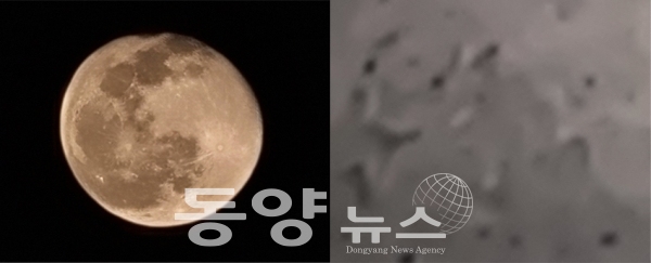 갤럭시 노트20으로 찍은 달의 모습(왼쪽)과 갤럭시 s20 울트라로 찍은 달의 분화구 모습. (사진=서다민 기자)