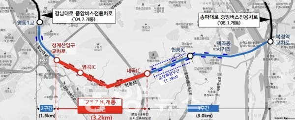 헌릉로 중앙버스전용차로 단계별 공사 구간(사진=서울시 제공)